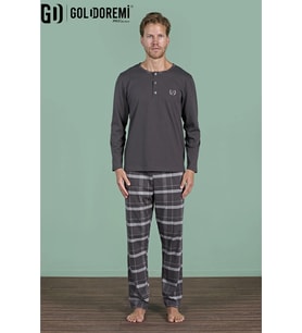 Gd Goldoremi Erkek Düğmeli Yaka Ekoseli Uzun Kollu Pijama Takım