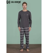 Gd Goldoremi Erkek Düğmeli Yaka Ekoseli Uzun Kollu Pijama Takım