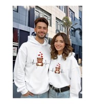 Sevgili Çift Kombini Ayıcık Kalpli Hoodie Kapüşonlu Sweatshirt 2li Set Takım 3 İplik Pamuk (Beyaz)