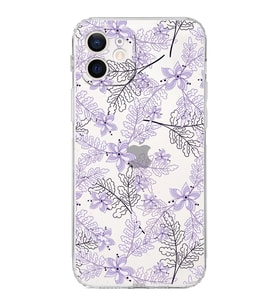 Apple iPhone 12Kamera Korumalı Tıpalı Kapak Floral Lila Tasarımlı Şeffaf Kılıf