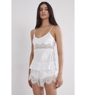 Kadın Saten Dantelli Pijama Şort Takım - 435 Ekru