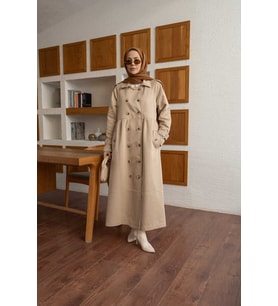 6632-Reglan Kollu Süs Pileli Lens Ceket Bej