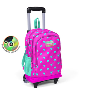 Coral High Kids Pembe Kalp Desenli Üç Bölmeli Işıklı Tekerlerkli Çekçekli Okul Sırt Çantası 23133 (Pembe-Su Yesılı)