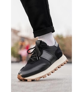 Shoetyle - Siyah Hakiki Deri Bağcıklı Erkek Sneaker 115-801