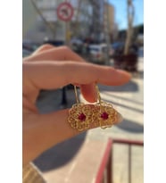 Gümüş telkari model pembe taşlı anne küpesi (Sarı)