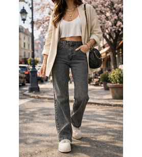 %100 pamuk yıpratmalı denim palazzo pantolon (Gri)