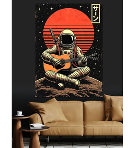 Gün Batımı Gitarist Astronot Dekoratif Kanvas - Mdf Ahşap Tablo