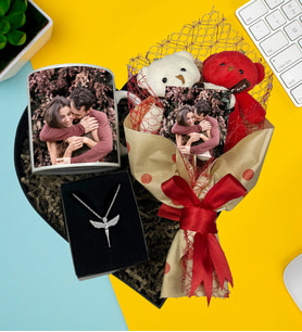 Kişiye Özel Premium Kalp Kutu Fotoğraflı Resimli Ayıcık Buketi Fotoğraflı Kupa Bardak Melek Kolye