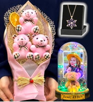 Kişiye Özel Renkli Led Işıklı Fanus, Büyük Boy Ayıcık Buketi ve Gerçek Ametist Taşlı Lotus Kolye (Model 2)