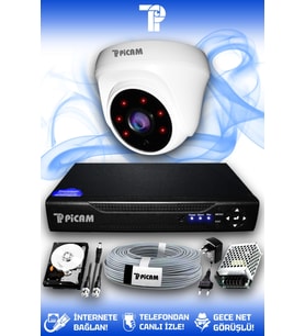 PICAM 1 Kameralı Dome 1 İç Kamera Set 250 GB HDD Full HD Gece Görüşlü Güvenlik Kamerası Sistemi