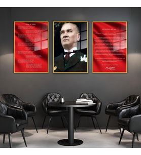3'lü Metal Çerçeveli Cam Tablo Seti Mavi Gözlü Atatürk İstiklal Marşı ve Gençliğe Hitabe (Gold)