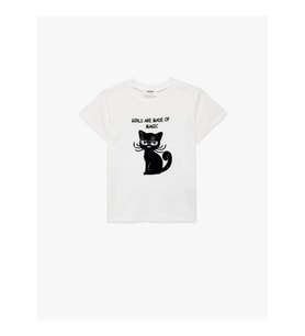 Koton Kedi Baskılı Pullu Payetli Ekru Kız Çocuk T-Shirt 6SKG10113AK