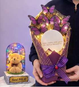 Aynalı Led Işıklı Kelebek Buketi ve Kişiye Özel Renkli Led Işıklı Fanus Seti (Model 4)