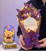 Aynalı Led Işıklı Kelebek Buketi ve Kişiye Özel Renkli Led Işıklı Fanus Seti (Model 4)