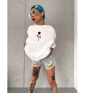 Unisex Bisiklet Yaka Baskılı Oversize T-Shirt - Beyaz
