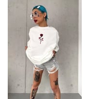 Unisex Bisiklet Yaka Baskılı Oversize T-Shirt - Beyaz