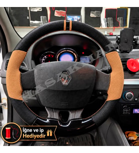 Renault Latitude Dikme Direksiyon Kılıfı Delikli Deri Parlak Siyah Taba Detay Çift Yüzük ve Dikiş 2010-2015