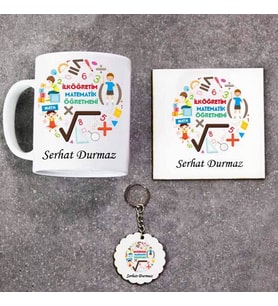 İlköğretim Matematik Öğretmeni Kupa Bardak Altlık ve Anahtarlık Hediye Seti (Model 1)