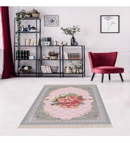 Çiçek Desenli Dijital Baskı Yıkanabilir Kaymaz Taban Leke Tutmaz Modern Salon Halısı (Pembe-Mavi)