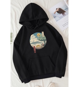 Unisex Neighbor's Ukiyo e Baskılı Sweatshirt (Siyah)
