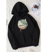Unisex Neighbor's Ukiyo e Baskılı Sweatshirt (Siyah)