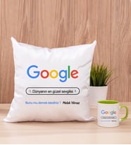 Kişiye Özel Google Tasarım Esprili Kare Yastık ve Yeşil Kupa