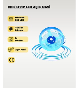 12V COB Şerit Led Açık Mavi Işık  - Metrede 360 Led - 5 Metre