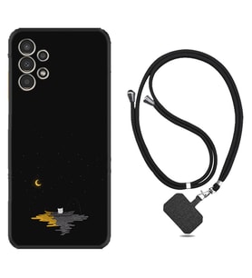 Samsung Galaxy M14 Kılıf Silikon Boyun Askılı İpli Desenli Silikon Ay ve Kedi 1683