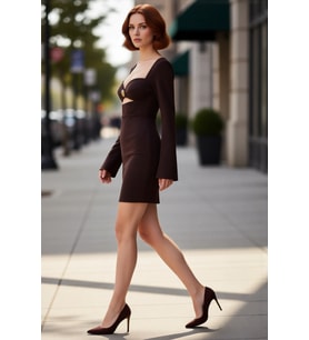 Kadın Modern Şık Bodycon Mini Elbise Kalp Yaka Aksesuar Detaylı Uzun Kollu Finike Dokuma Kaliteli