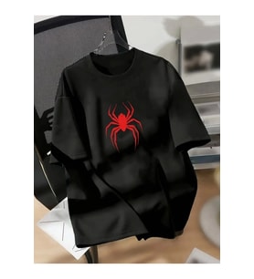 Baskılı Oversize Bisiklet Yaka T-shirt - Siyah