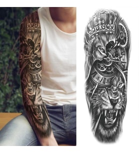 Geçici Dövme Kol Kaplama - Aslan Kral Mekanik Saat Ve Taç Desenli Büyük Boy Tattoo