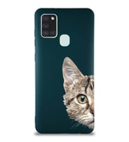 Samsung Galaxy A21S Soft Premier Kapak Catface Tasarımlı Silikon Kılıf - Yeşil (Şeffaf)