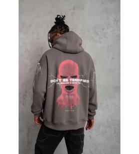 Erkek Maske Baskılı Kapüşonlu Sweat - Gri