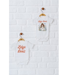 Pia Baby Premium %100 Pamuk İsme Özel Organik Baskılı İkili Set Çıtçıtlı Bebek Body Zıbın Modelleri 5077-17 (Ekru)