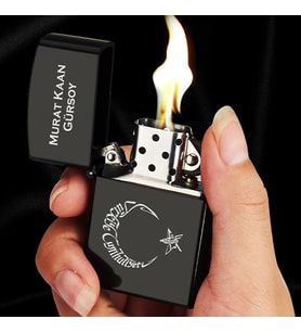 Kişiye Özel İsimli Benzinli Siyah Zippo Çakmak - Ay Yıldız Türkiye Baskılı