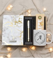 Kişiye Özel Beyaz Mermer Desenli Defter& Beyaz/Gold Detaylı Roller Kalem& Harf Baskılı Kupa& Kahve Dünyası Kahve Hediye Seti