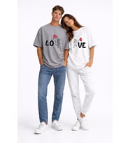Sevgili Kombini Love Baskılı Çift Tişört Oversize Unisex Partner Kombin Seti (Antrasit)