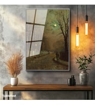 Gümüş Renk Metal Çerçeveli Tamperli Cam Tablo J.A. Grimshaw Islak Sokak At Arabalı Figür Dolunay Ressam Tablosu Dekoru