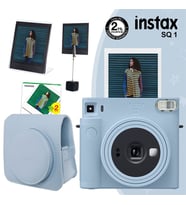 Instax SQ1 Buz Mavi Fotoğraf Makinesi 20li Kare Film Deri Kılıf Pleksi Çerçeve ve Kıskaçlı Stand