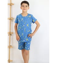 Erkek Çocuk Baskılı Pamuklu Penye Kumaş  Şortlu  Pijama Takımı (Mavi)