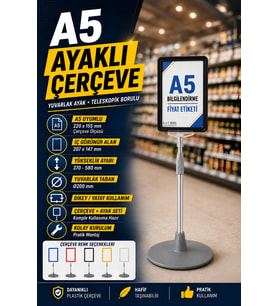 A5 Ayaklı Menü ve Fiyat Bilgi Standı Yuvarlak Tabanlı Teleskopik Çerçeve Etiketlik Siyah