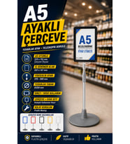 A5 Ayaklı Menü ve Fiyat Bilgi Standı Yuvarlak Tabanlı Teleskopik Çerçeve Etiketlik Siyah