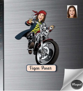 Kişiye Özel Motorcu Kadın Ahşap Magnet -1