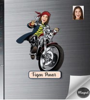 Kişiye Özel Motorcu Kadın Ahşap Magnet -1