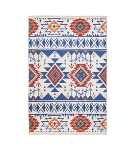 Kilim Mavi Krem Bohem Stil Kaymaz Taban Salon Dijital Baskılı Etnik Koridor Pamuk Bukle