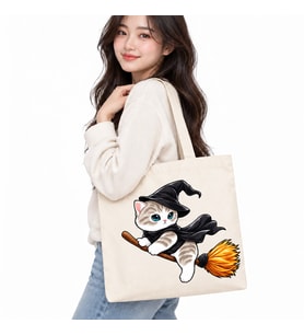 Süpürgeli Cadı Kedi Baskılı Kanvas Çanta 35x40 cm – 260 Gr