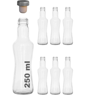 250 ml Şeffaf İnce Belli Kapaklı Cam Şişe 250 cc Meşrubat Şişesi 6 Adet (Sentetik Tıpa)