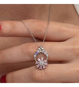 Pembe Dönen Zirkon Taşlı Çiçek 925 Ayar Gümüş Kadın Kolye