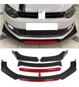 Vw Polo MK5 Kırmızı Renkli Şeritli Dilli Ön Lip 4 Prç Parlak Siyah ABS