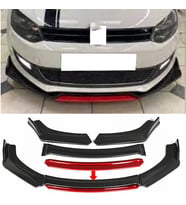 Vw Polo MK5 Kırmızı Renkli Şeritli Dilli Ön Lip 4 Prç Parlak Siyah ABS